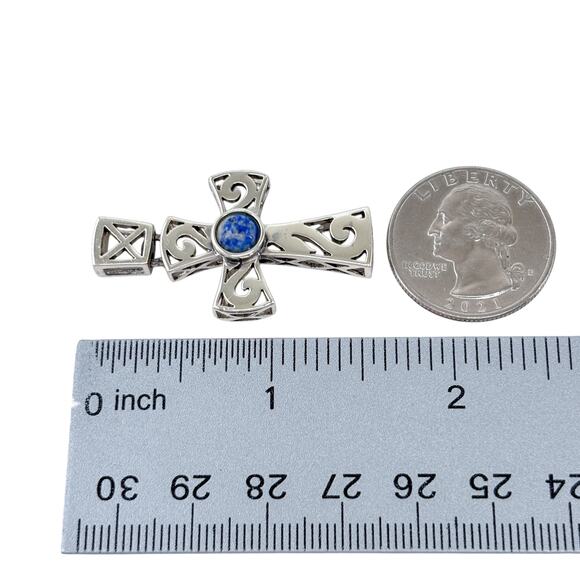 Estate Sterling Silver 925 Ornate Blue Lapis Lazuli Cross Pendant - Picture 7 of 8
